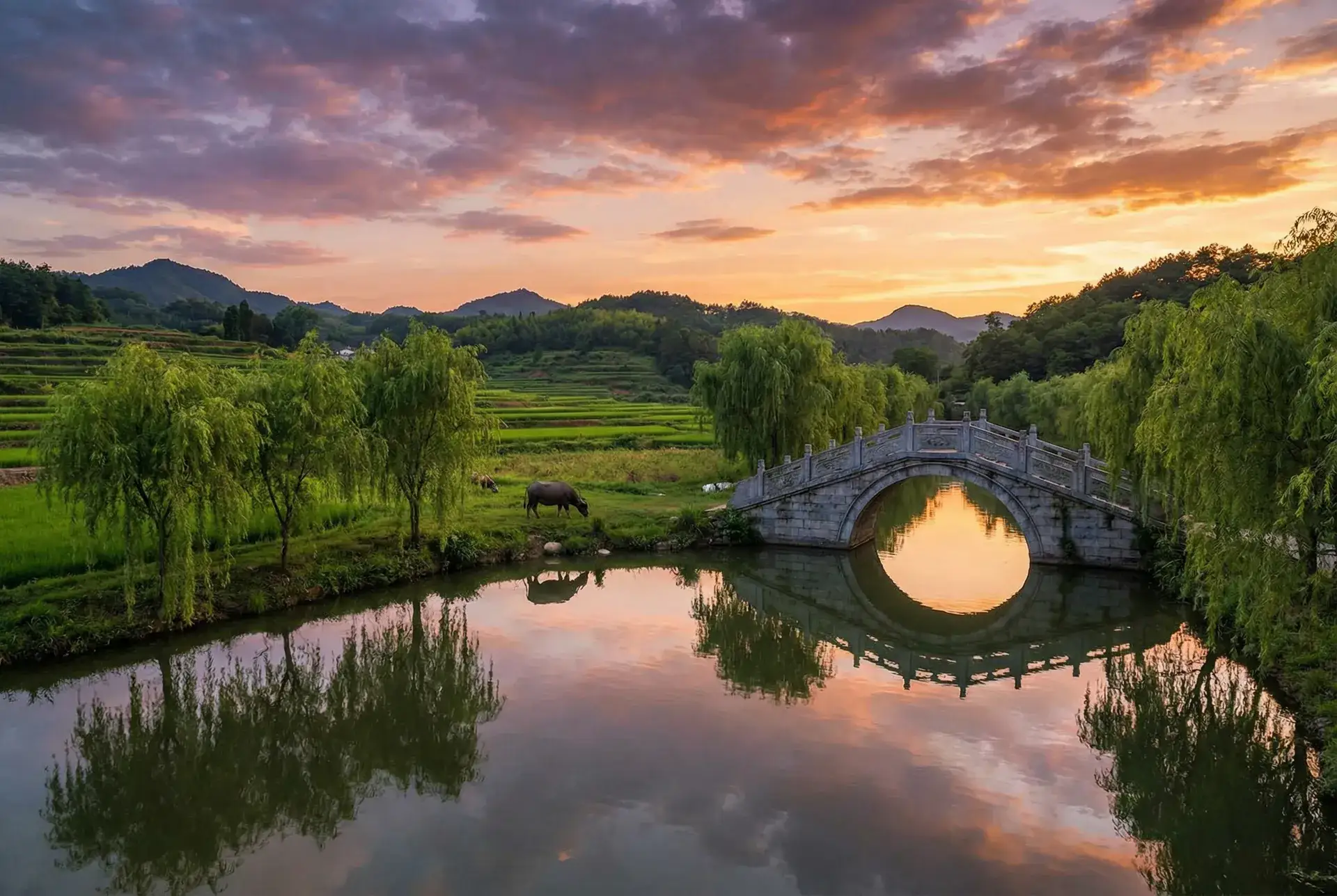 夕阳下的石拱桥与垂柳，水牛在河边吃草 - 天美传媒在线完整免费观看视频 乡村美景